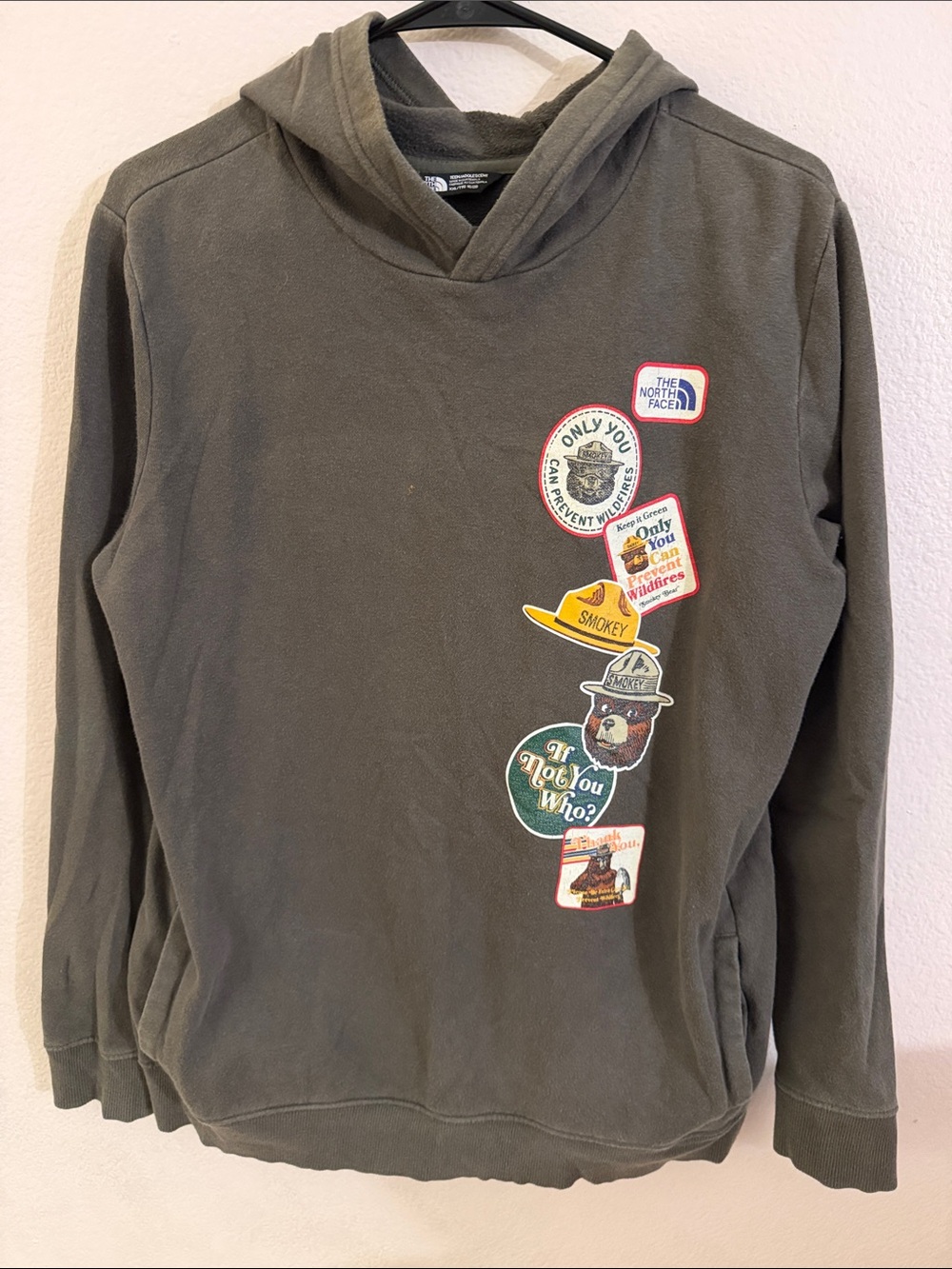 The North Face Boy Olive Green Crewneck Hoodie with Smokey Bear Patches